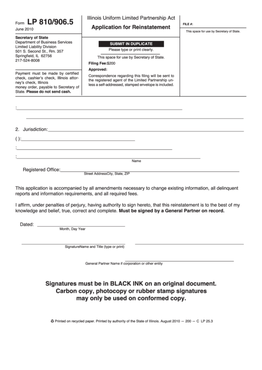 Fillable Form Lp 810/906.5 - Illinois Uniform Limited Partnership Act - Application For Reinstatement Printable pdf