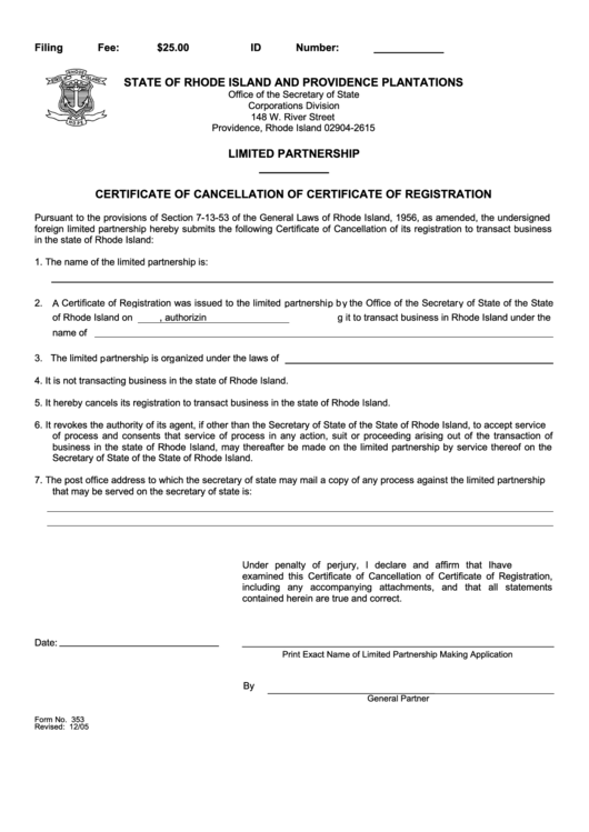 Fillable Form 353 - Limited Partnership Certificate Of Cancellation Of Certificate Of Registration - Ri Secretary Of State Printable pdf