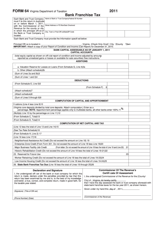 Form 64 - Bank Franchise Tax - 2011 Printable pdf