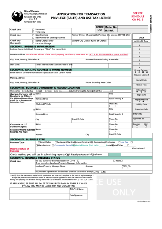 Form 49-52d - Application For Transaction Privilege (Sales) And Use Tax License - 2001 Printable pdf