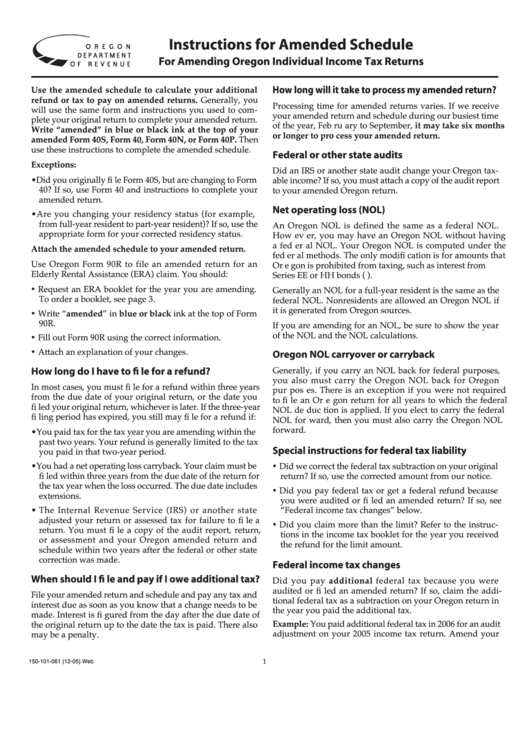 Instructions For Amended Schedule - For Amending Oregon Individual Income Tax Returns - 2005 Printable pdf