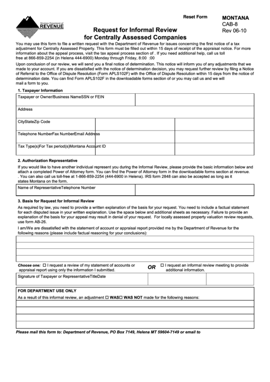 Fillable Form Cab-8 - Request For Informal Review For Centrally Assessed Companies - 2010 Printable pdf