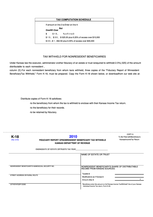 Form K-18 - Fiduciary Report Of Nonresident Beneficiary Tax Withheld - 2010 Printable pdf