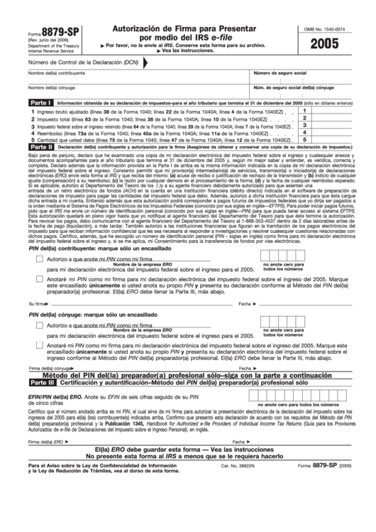 Fillable Form 8879 Sp - Autorizacion De Firma Para Presentar Por Medio Del Irs E-File Printable pdf