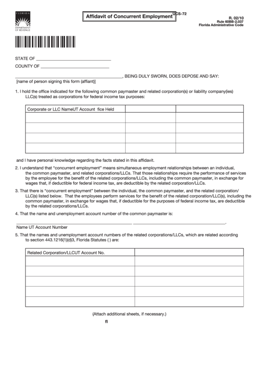 Form Ucs-72 - Affidavit Of Concurrent Employment Printable pdf