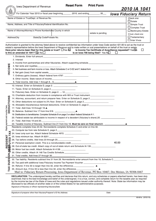Fillable Form Ia 1041 - Iowa Fiduciary Return - 2010 Printable pdf