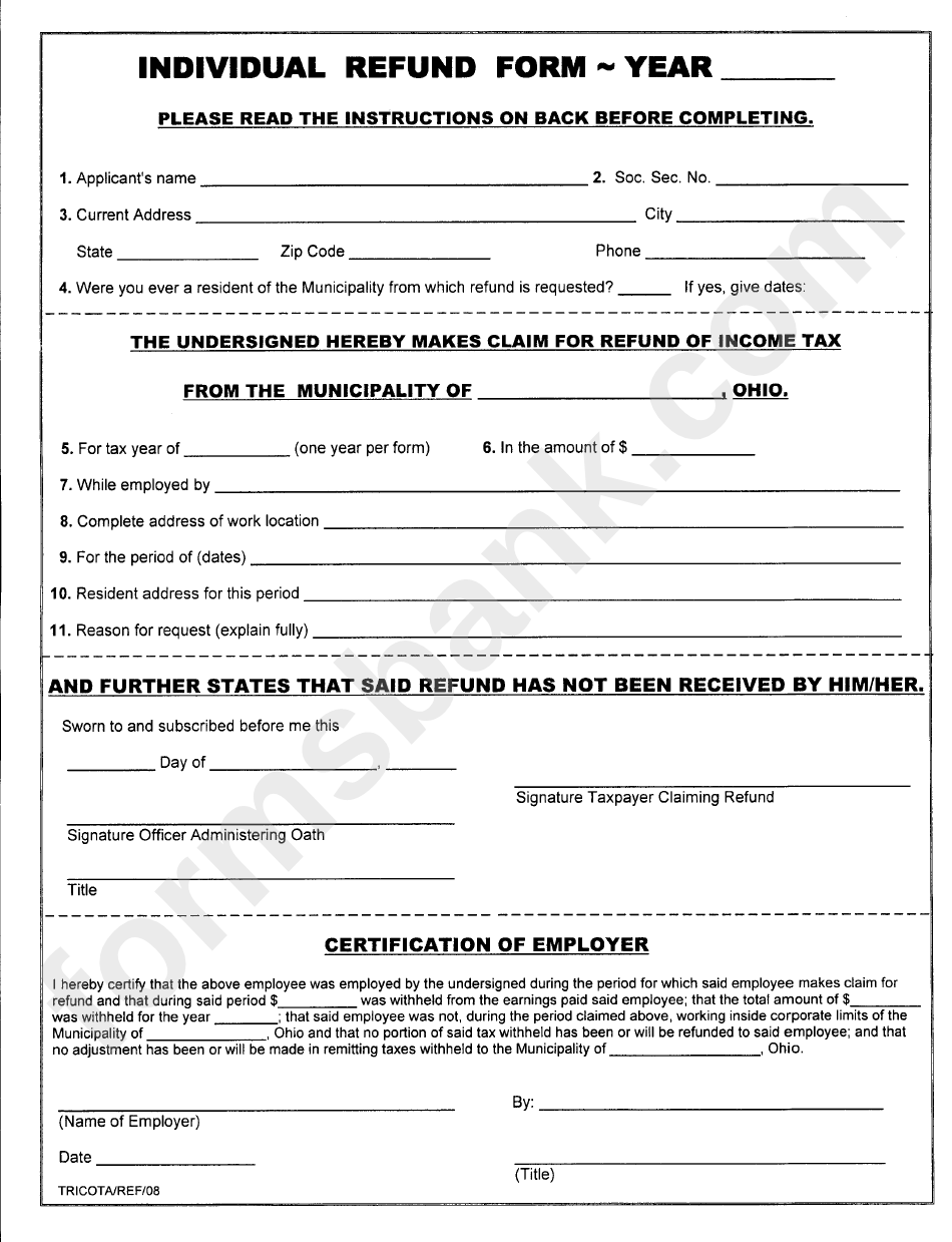 Individual Refund Form printable pdf download