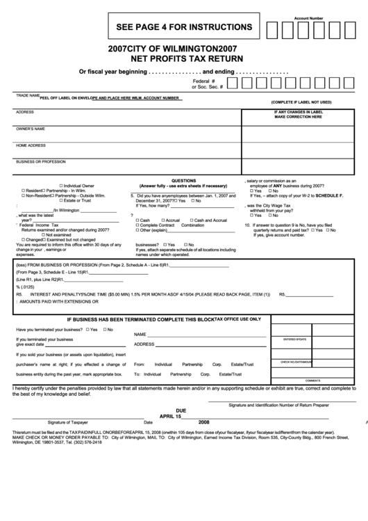 Net Profits Tax Return - City Of Wilmington - 2007 Printable pdf