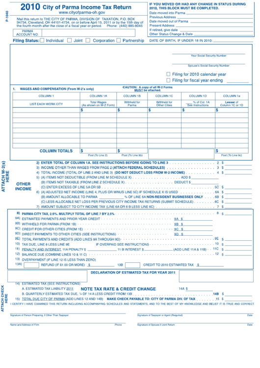 Form P-1040 - 2010 City Of Parma Income Tax Reurtn Printable pdf