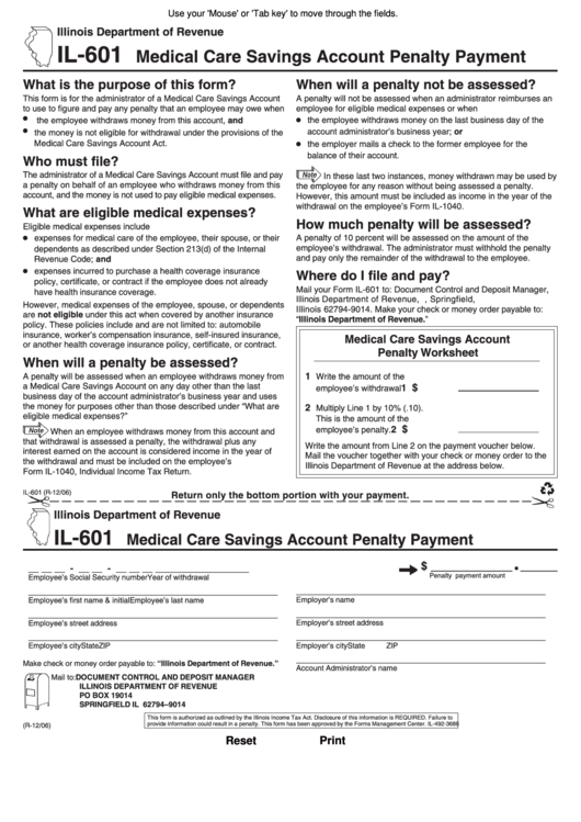 Fillable Form Il-601 - Medical Care Savings Account Penalty Payment - 2006 Printable pdf