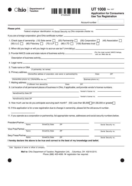 Fillable Form Ut 1008 - Application For Consumers Use Tax Registration Printable pdf