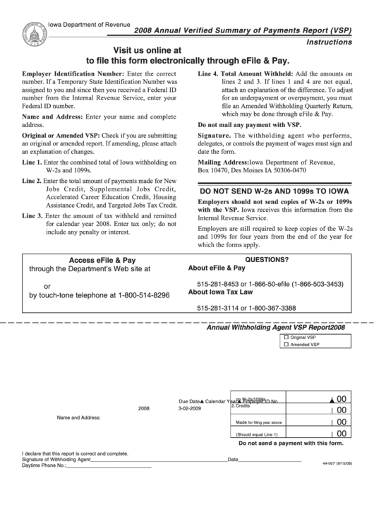 Form 44-007 - Annual Verified Summary Of Payments Report (Vsp) - 2008 Printable pdf