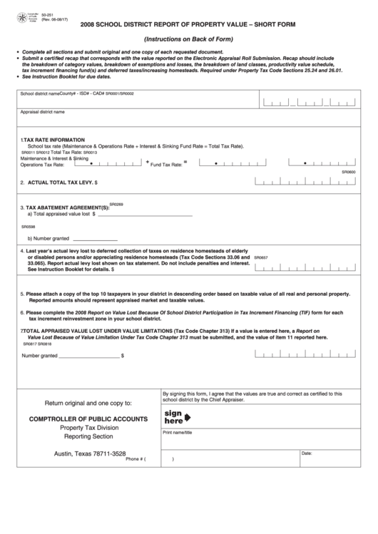 Fillable Form 50-251 - 2008 School District Report Of Property Value - Short Form Printable pdf