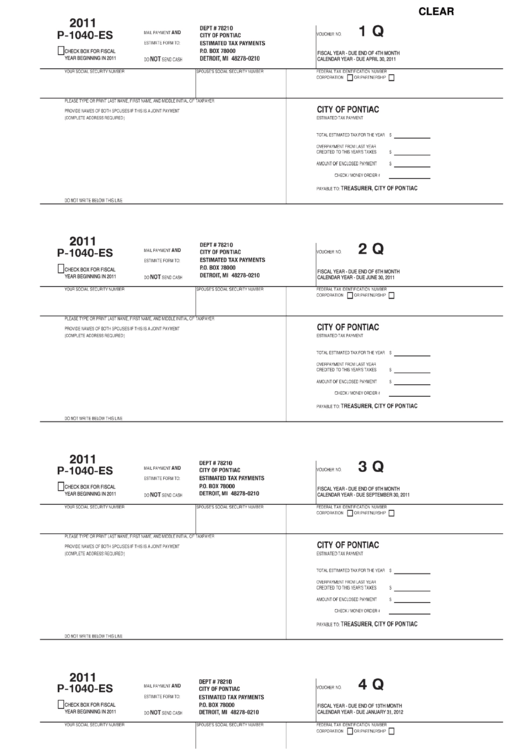 Fillable Form P-1040-Es - Estimated Tax For Individuals- City Of Pontiac - 2011 Printable pdf