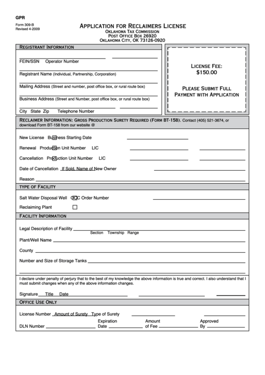 form-309-b-application-for-reclaimers-license-2009-printable-pdf