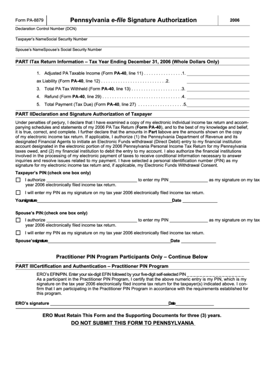 Form Pa-8879 - Pennsylvania E-File Signature Authorization - 2006 Printable pdf