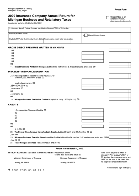 Fillable Form 4588 - Insurance Company Annual Return Formichigan Business And Retaliatory Taxes - 2009 Printable pdf