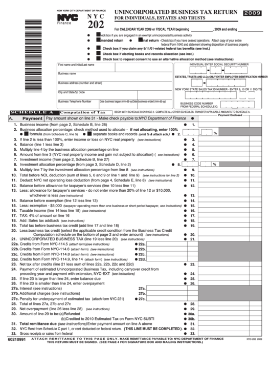 Fillable Form Nyc-202 - Unincorporated Business Tax Return For Individuals, Estates And Trusts - 2009 Printable pdf