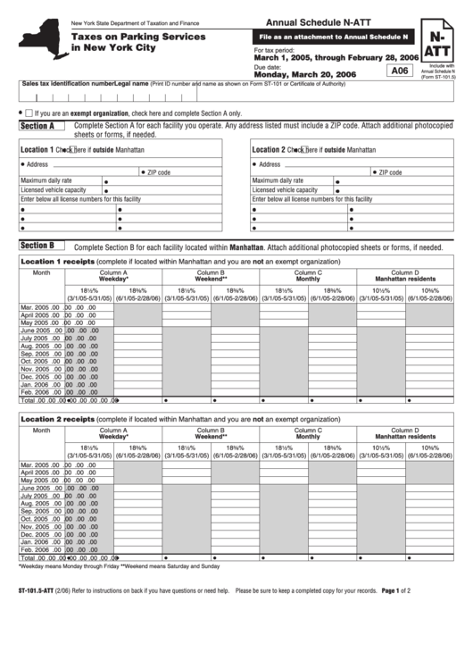 Form St-101.5-Att - Taxes On Parking Services In New York City Printable pdf