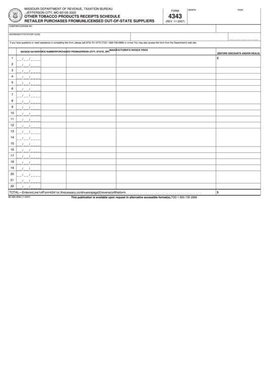 Fillable Form 4343 - Other Tobacco Products Receipts Schedule Retailer Purchases From Unlicensed Out-Of-State Suppliers 4343 Printable pdf