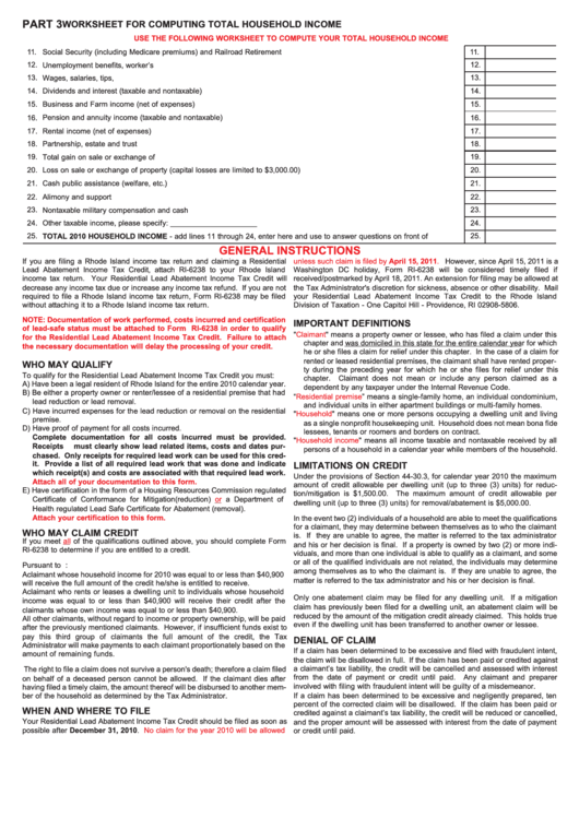 Instruction For Form Ri-6238 - Worksheet For Computing Total Household Income - 2010 Printable pdf