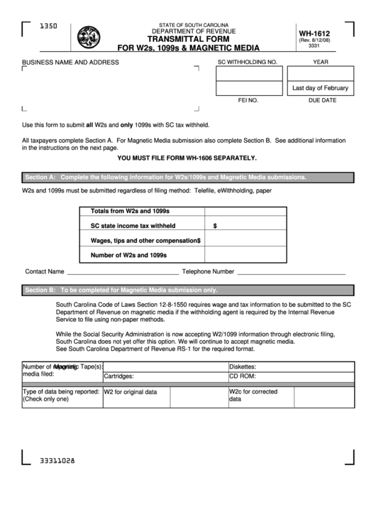 Form Wh-1612 - Transmittal Form For W2s, 1099s And Magnetic Media - 2008 Printable pdf