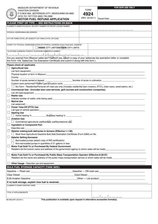 Fillable Form 4924 - Motor Fuel Refund Application - 2011 Printable pdf