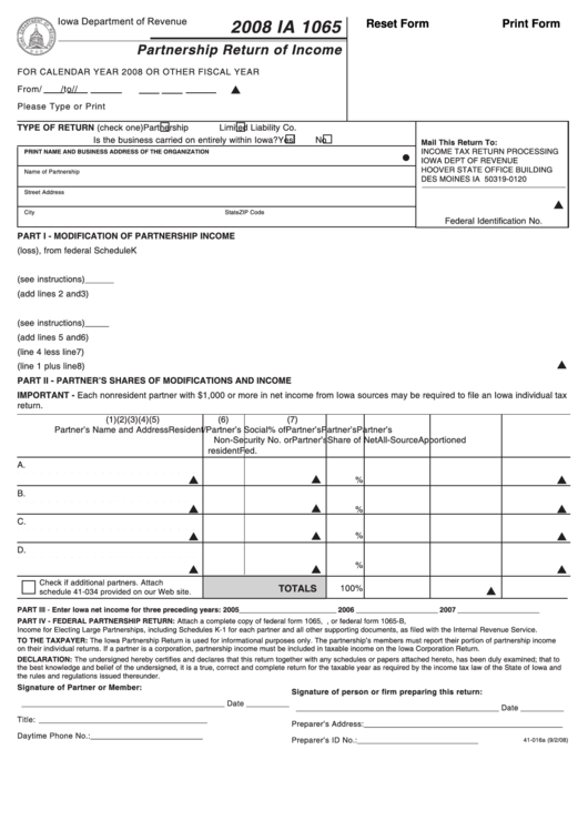 Fillable Form Ia 1065 - Partnership Return Of Income, Schedule Of Partner Or Shareholder Information - 2008 Printable pdf