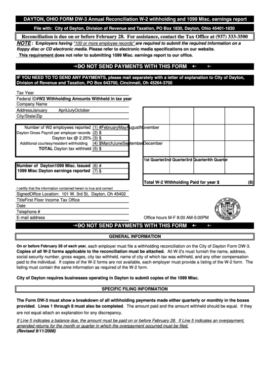 Form Dw-3 - Annual Reconciliation W-2 Withholding And 1099 Misc. Earnings Report - 2008 Printable pdf