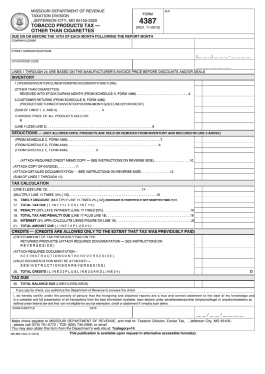 Fillable Form 4387 - Tobacco Products Tax - Other Than Cigarettes - 2010 Printable pdf