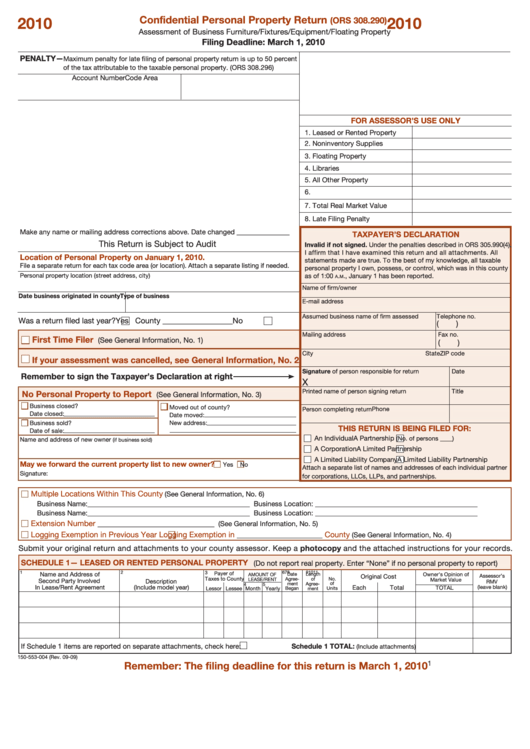 Fillable Form 150-553-004 - Confidential Personal Property Return - 2010 Printable pdf