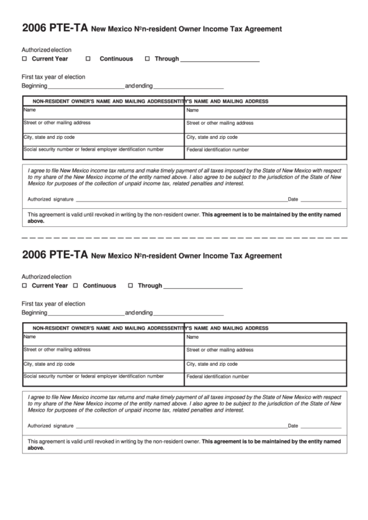 Form Pte-Ta - New Mexico Non-Resident Owner Income Tax Agreement - 2006 Printable pdf