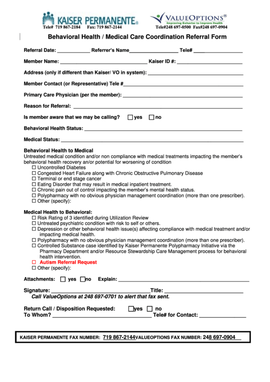 Behavioral Health / Medical Care Coordination Referral Form Printable pdf