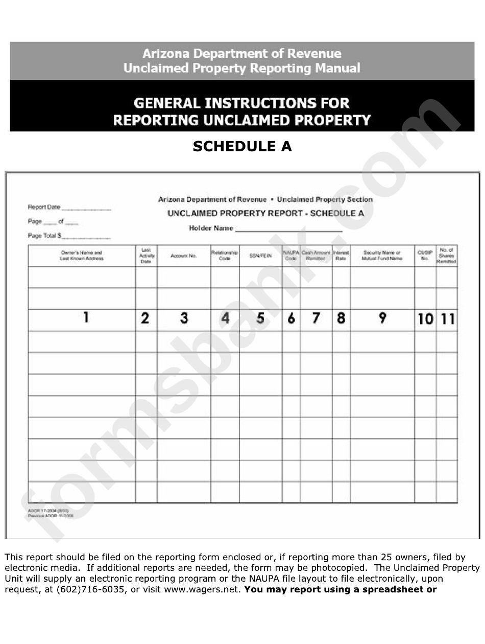 General Instructions For Reporting Unclaimed Property Schedule A