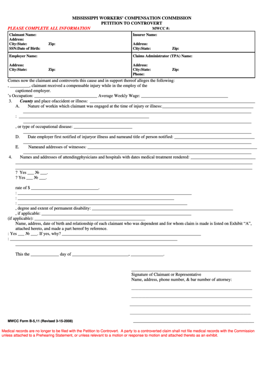 Fillable Form B-5,11 - Petition To Controvert - Mississippi Workers