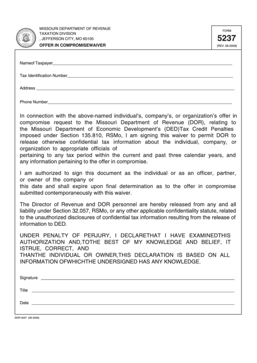 Form 5237 - Offer In Compromise Waiver - Missouri Department Of Revenue Printable pdf