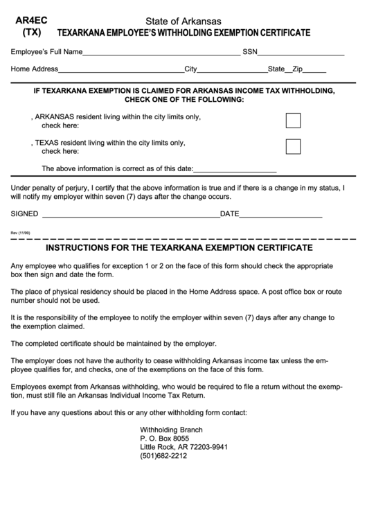 Form Ar4ec (Tx) Texarkana Employee'S Withholding Exemption