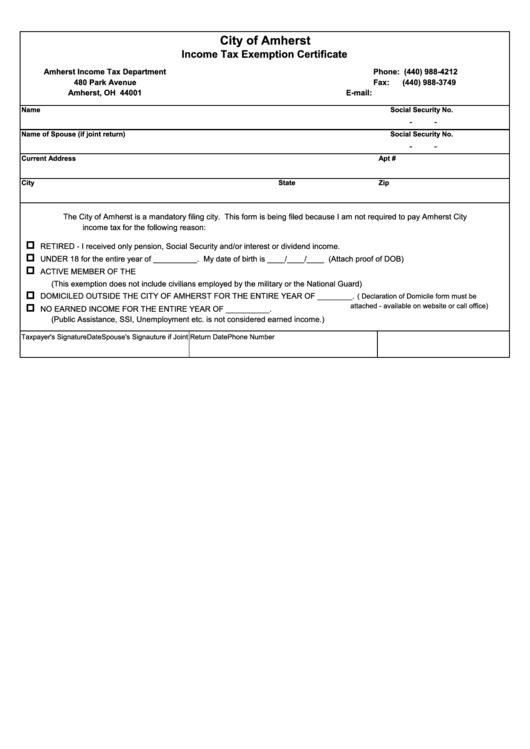 Income Tax Exemption Certificate Form - City Of Amherst Printable pdf