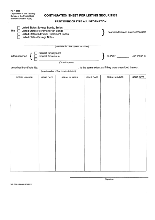 Form Pd F 3500 - Continuation Sheet For Listing Securities Printable pdf