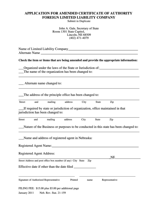 Fillable Application For Amended Certificate Of Authority Foreign Limited Liability Company Printable pdf