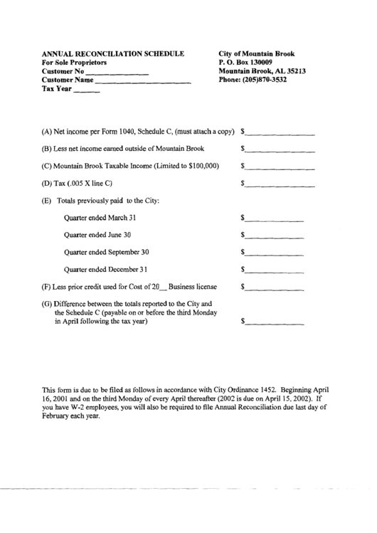 Annual Reconciliation Schedule - City Of Mountain Brook - Alabama Printable pdf