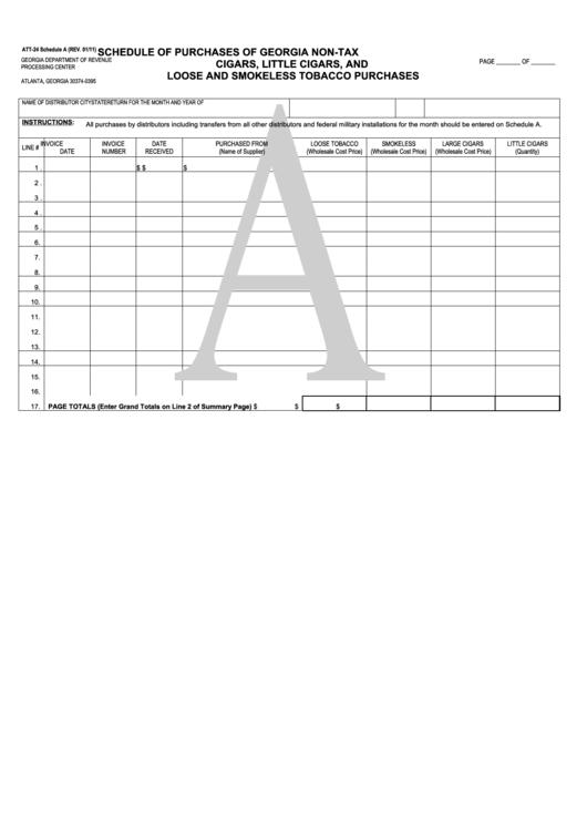 Fillable Att-24 Schedule A - Schedule Of Purchases Of Georgia Non-Tax Cigars, Little Cigars, And Loose And Smokeless Tobacco Purchases Printable pdf