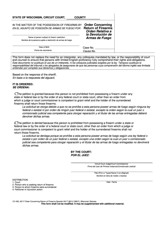 Form Cv-435 - Order Concerning Return Of Firearms Printable pdf