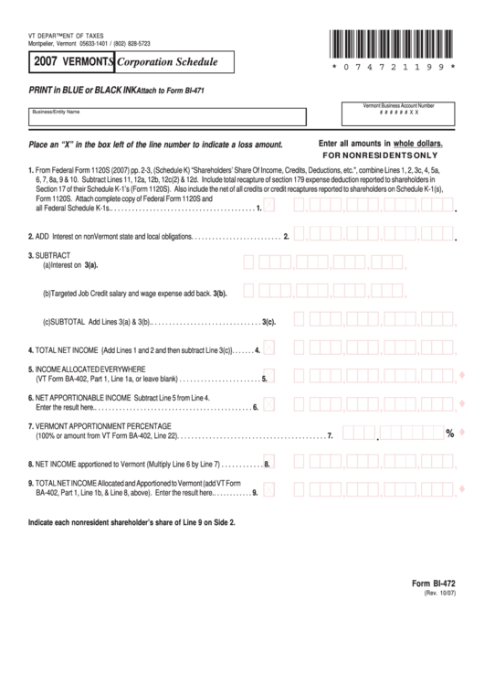 Vermont Form Bi-472 - S Corporation Schedule - 2007 Printable pdf