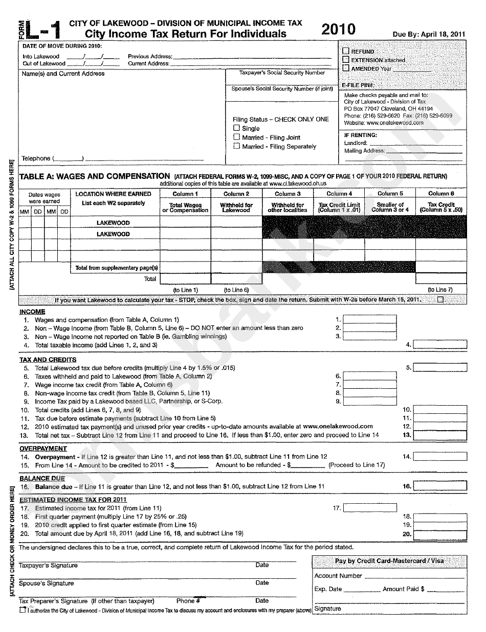 Form L-1 - City Of Lakewood Income Tax Return For Individuals - 2010 ...