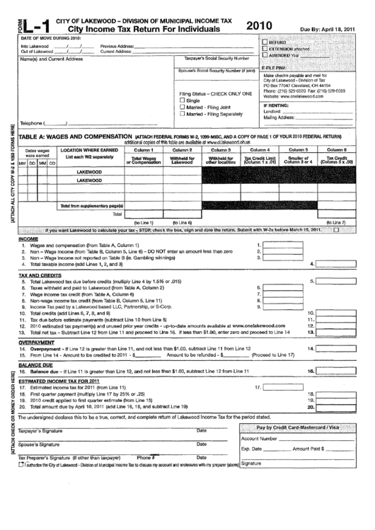 Form L-1 - City Of Lakewood Income Tax Return For Individuals - 2010 ...