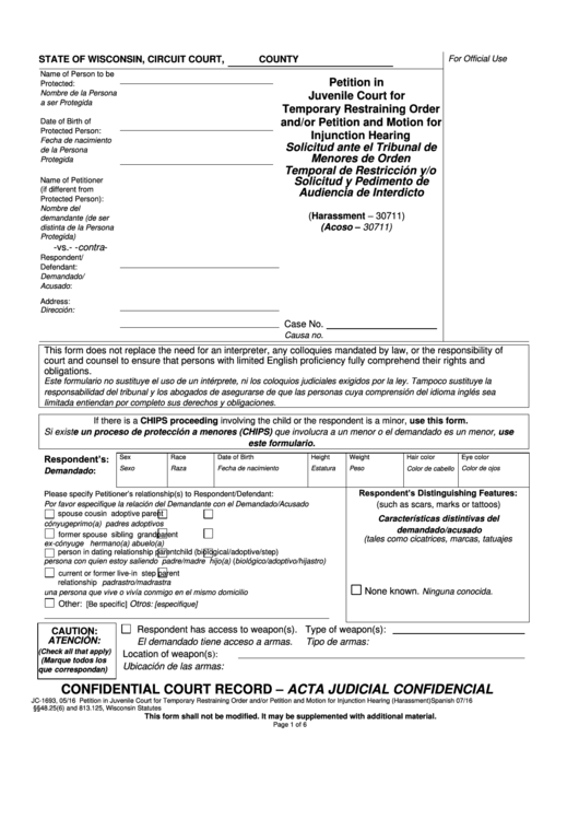 Form Jc-1693 - Petition In Juvenile Court For Temporary Restraining Order And/or Petition And Motion For Injunction Hearing Printable pdf