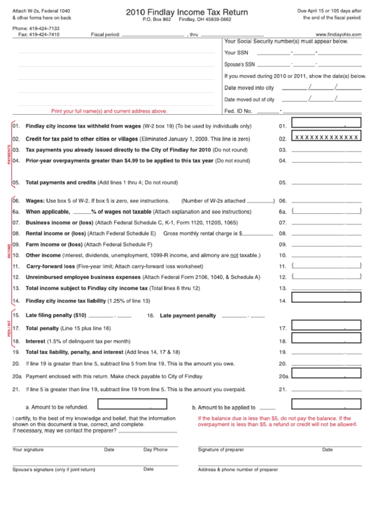 Fillable 2010 Findlay Income Tax Return Form Printable pdf