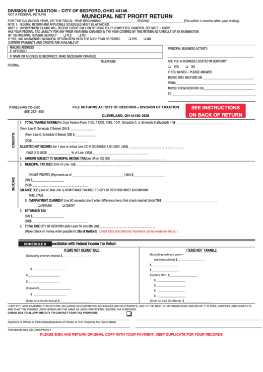 Municipal Net Profit Return Form - Ohio Division Of Taxation Printable pdf