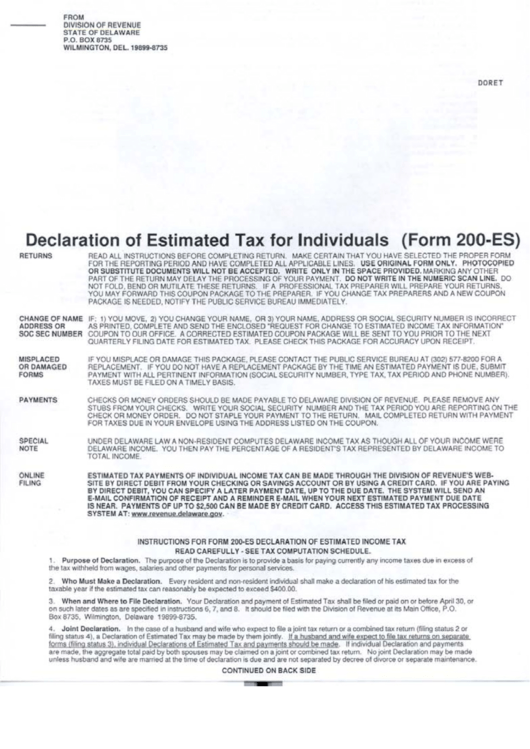 Declaration Of Estimated Tax For Individuals (Form 200-Es) Printable pdf